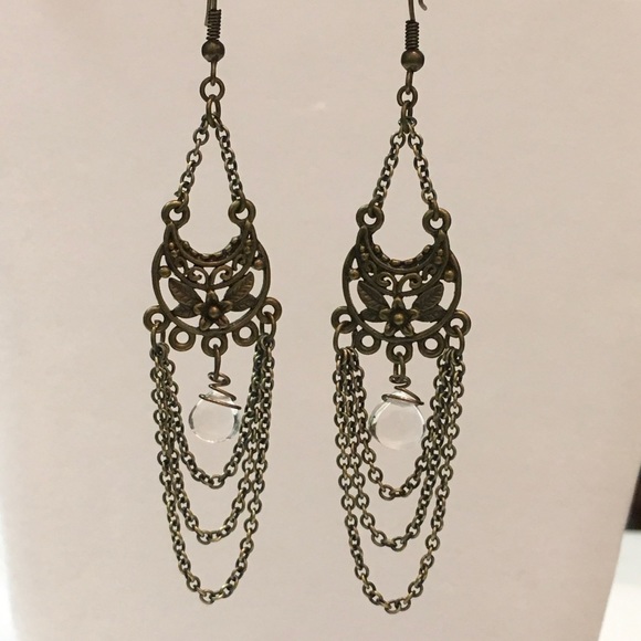 Clear Quartz and Brass Dangle/Chandelier Earrings - Picture 3 of 6